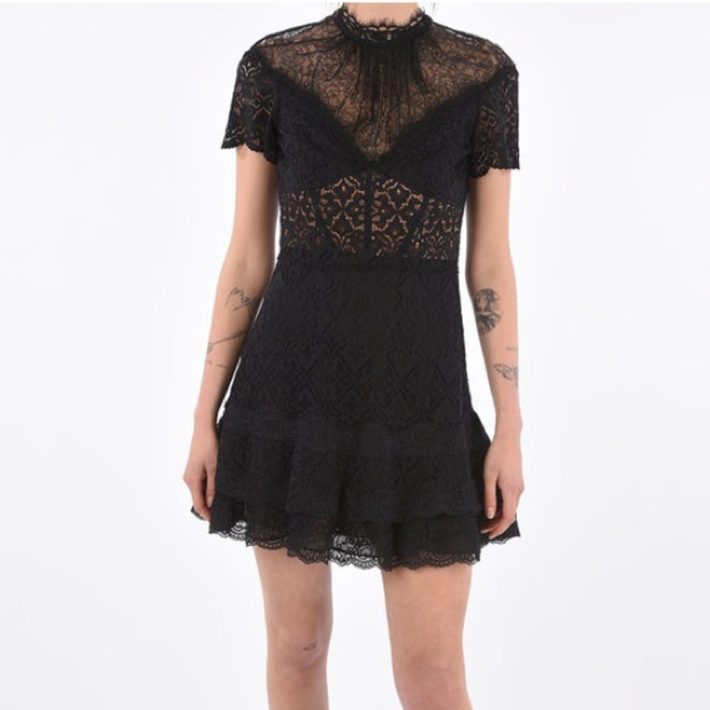 Jonathan Simkhai Designer Corded Lace Mini Ruffle A-Line Dress Gothic Chic pinup
